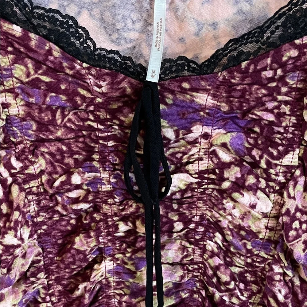 Free People Purple Floral Blouse with Black Lace